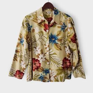 Laura Ashley Petite Silk Embroidered Floral Shacket‎ Butter Yellow Sz LP Artsy